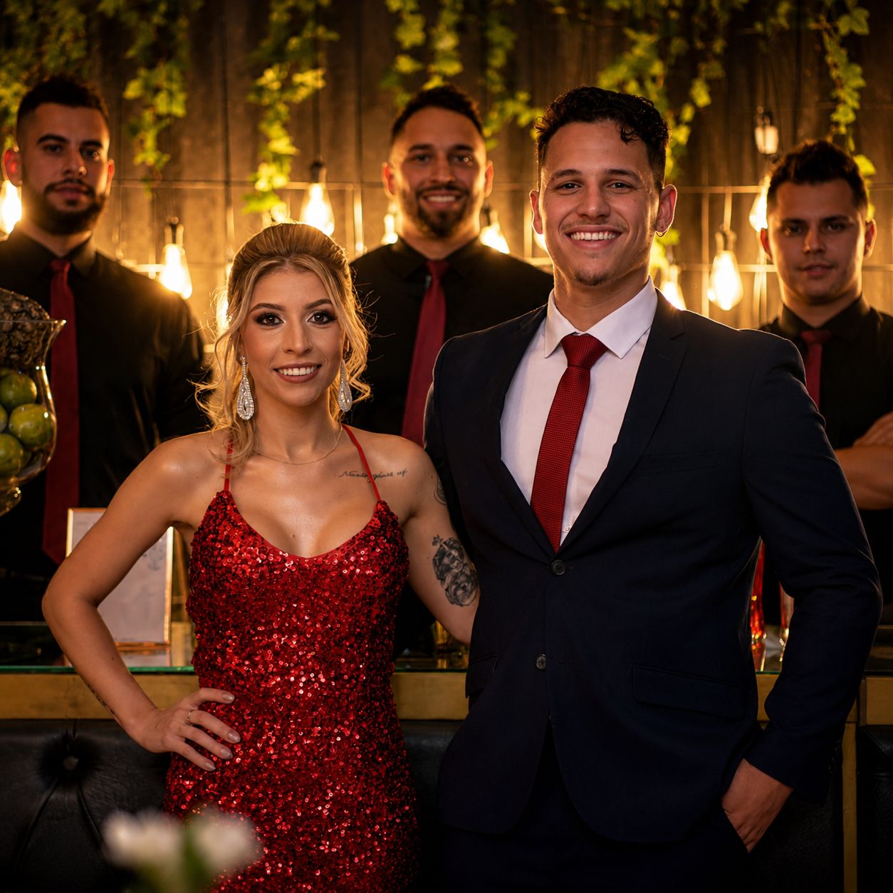Bartenders com casal elegante